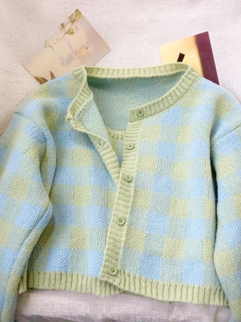 Fashion Versatile Contrast Checkered Knitted Two Piece Cardigan